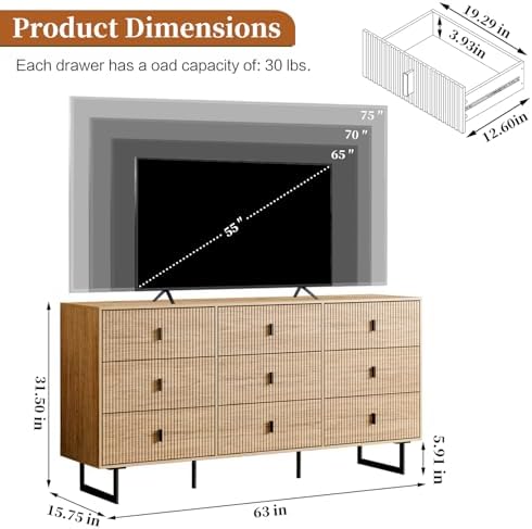Chrangmay Modern Chest of Drawers with 9 Drawers,Deep Drawers,Clothes Organizer,Large Storage Cabinet for Living Room, Bedroom,Hallway,with Anti-Tipping Device,Natural - Image 3
