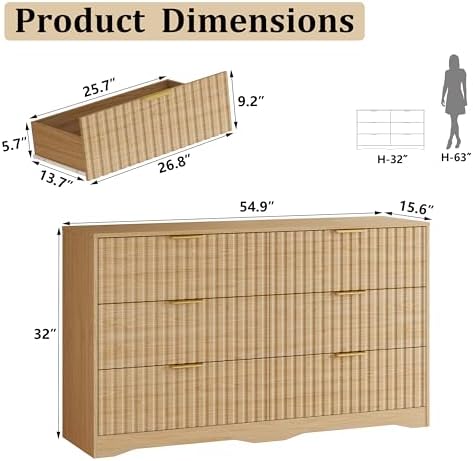6 Drawer Dresser and Nightstand Sets for Bedroom, Modern Fluted 3 Pcs Bedroom Dresser Furniture Sets, Wood Chest of Drawers and Nightstand Set of 2 with Metal Handles, Natural Oak - Image 2