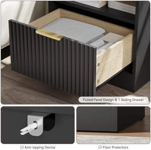 6 Drawer Dresser & 1-Drawer Nightstand Set 3-Piece, Black丨55 Wide Bedroom Set Night Stand Set of 2 with Metal Handle, Fluted Wood Chest of Drawers Storage Dressers Set for Bedroom - Image 5