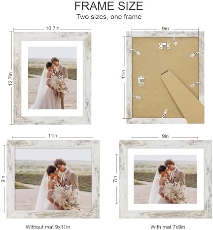 Hongkee 9x11 Picture Frame Set of 4, Made of Real Glass and Distressed White Frame - Display Picture 7x9 with Mat or 9x11 Without Mat, 9 by 11 Photo for Wall or Tabletop - Image 2