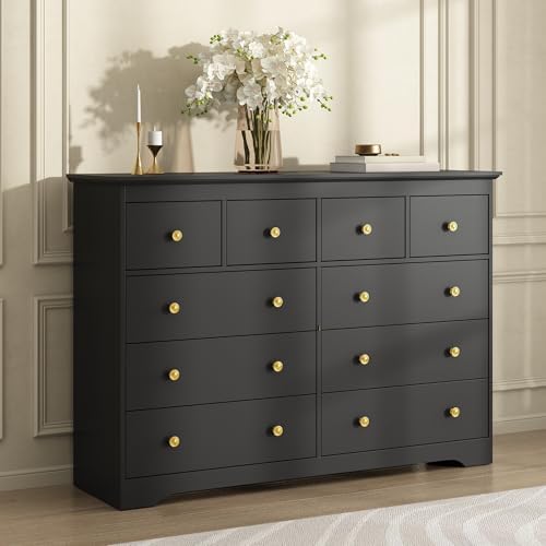 Black Dresser for Bedroom, 10 Drawer Dresser with Large Drawers, 55 Inch Wide Wood Chest for Living Room, Hallway by BAZELOR