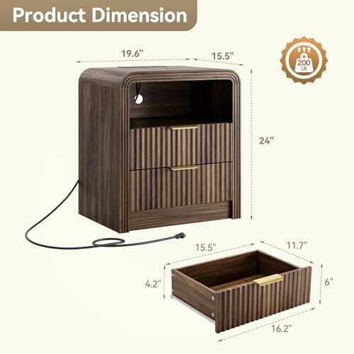 Decofy Fluted Nightstand with Charging Station, 2 Drawers, Walnut - Image 2