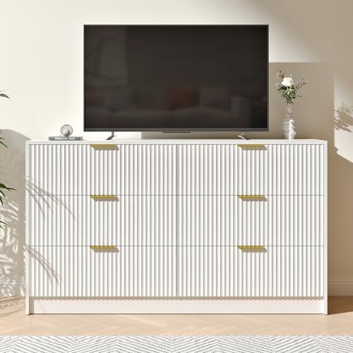 White Dresser with 6 Drawer 55" Wide Fluted Dresser for Bedroom丨Modern Chest of Drawer with Metal Handles, Wood TV Stand for Bedroom, Living Room, Entryway, Hallway, White - Image 5