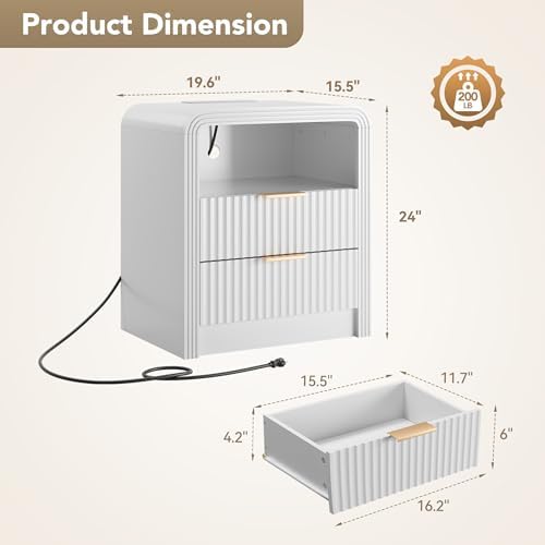Decofy Fluted 2-Drawer Nightstand Set of 2 with Charging Station, White - Image 2