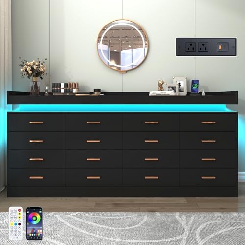 Hlivelood 16 Drawer Dresser with LED Light and Charging Station, Modern Chest of Drawers for Closet, Wide Drawer Organizer Cabinet, Living Room, Entryway, Hallway, Black - Image 3