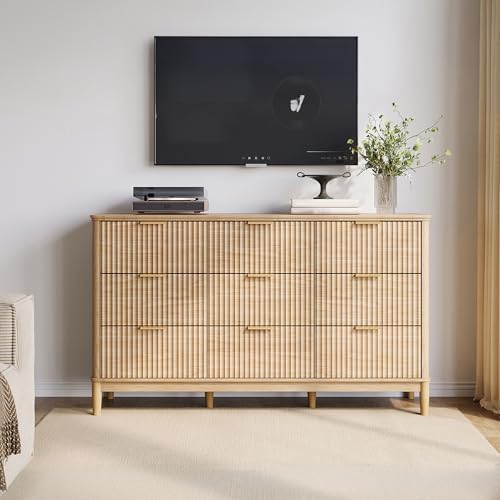 LINSY Fluted 9 Drawer Dresser for Bedroom, 58" Wide Mid-Century Modern Tall Chest of Drawers, Deep Storage Dresser with Curved Corner Design, Large Accent Wood Cabinet for Bedroom, Oak - Image 3
