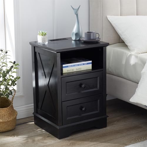 Farmhouse 2 Drawers Dresser for Bedroom,Black Dresser with Charging Station - Image 3