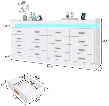 Hlivelood 16 Drawer Dresser with LED Light and Charging Station, Modern Chest of Drawers for Closet, Wide Drawer Organizer Cabinet for, Living Room, Entryway, Hallway, White - Image 2