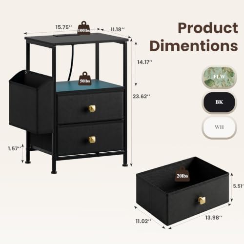 MALOL 2 Drawer Night Stand with Charging Station, Black - Image 2