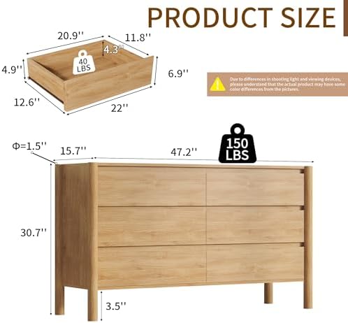 CHUWELL 47.2" Wide Oak 6 Drawer Dresser for Bedroom with Solid Wood Legs - Image 2