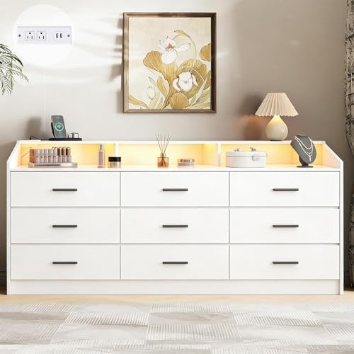 9 Drawer Dressers for Bedroom with Charging Station &Led, 63'' Long Dresser by Gyfimoie