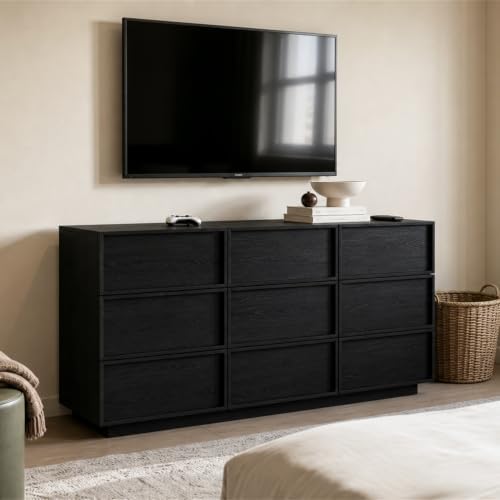 9 Drawer Dresser for Bedroom, 59.1" Wide Double Chest of Drawers with Storage, Wood Dresser TV Stand, Modern Closet Store Organizer for Living Room, Hallway, Nursery, Black - Image 3
