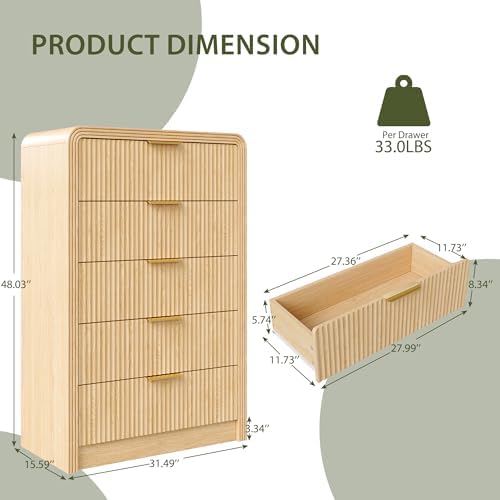 Decofy Fluted 5 Drawers Dresser, 48" Tall Chest of Drawers for Bedroom - Image 2