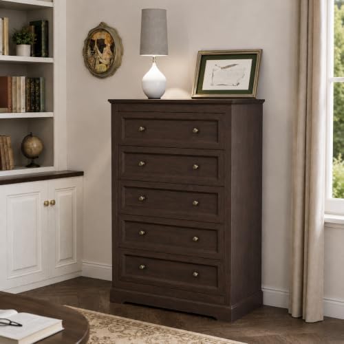 LOUVIXA Farmhouse Dresser 5 Drawer, Bedroom Chest of Drawers, Dressers with 5 Drawers, Wooden Dressers for Bedroom, Living Room, Tv Stand, Entryway(Vintage Brown) - Image 5