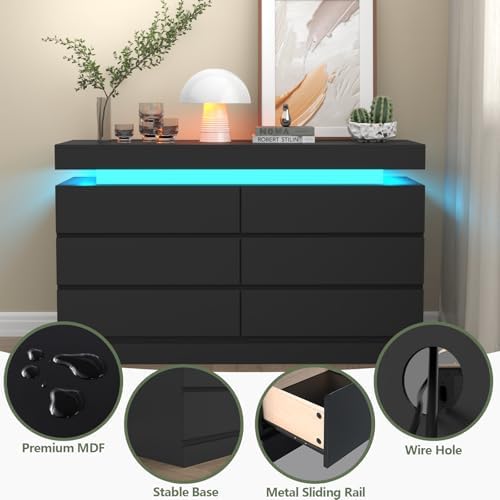 Gyfimoie 6 Drawer Dresser with Power Outlet, Dresser with LED Light - Image 6