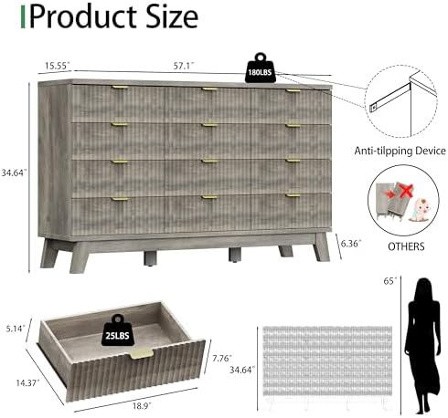 Xixini Fluted Dresser for Bedroom with 12 Drawers, 57" Wide Modern Chest of Drawers with Metal Handle, Wooden Dresser TV Stand, Wood Closet Clothes Storage Organizer for Living Room, Hallway, Grey - Image 2