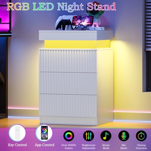 Fluted LED Night Stand with Charging Station, White - Image 3