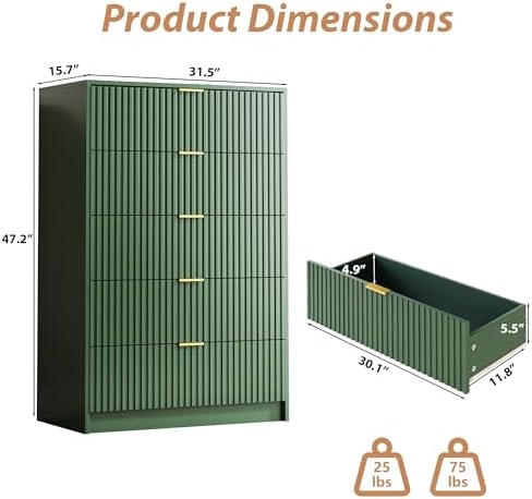 MAISONARIA 5 Drawer Dresser for Bedroom, Tall Dresser Chest of Drawers with Gold Handles, 32 Inch Wide Nightstand with for Bedroom, Living Rooms, Offices, and Entryways, Green - Image 2