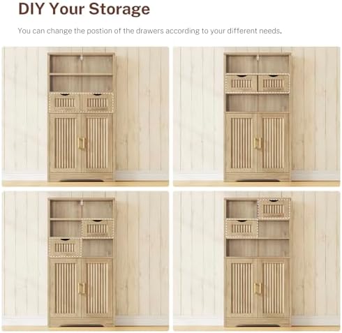 Iwell Tall Storage Cabinet, Fluted Cabinet with 2 Drawers & Adjustable Shelf, Bathroom Storage Cabinet, Kitchen Pantry Storage Cabinet, for Living Room, Dining Room, Home Office, Natural Oak - Image 7