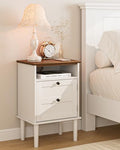 Nightstand, Boho Night Stand with 1 Drawer, Modern Side Accent Table with Open Shelf, Wooden Top Bedside End Table for Bedroom, Living Room, White by Apetaccat