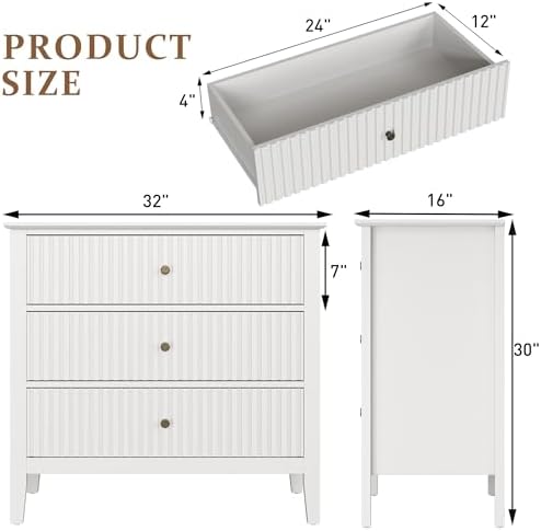 RoyalCraft Large 3 Drawer Dresser Set of 2, Fluted Wood Chest of Drawers with Storage, Modern Painted 30 inch Wide Nightstand for Bedroom Living Room Entryway, White - Image 2