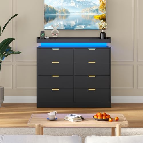 knoworld 8 Drawer Dresser for Bedroom, Black Dresser with LED Lights and Power Outlet, Large Wooden Dressers Modern Chest of Drawers, Double Wide 9 Drawer Dressers for Bedroom, Entryway, Hallway - Image 6