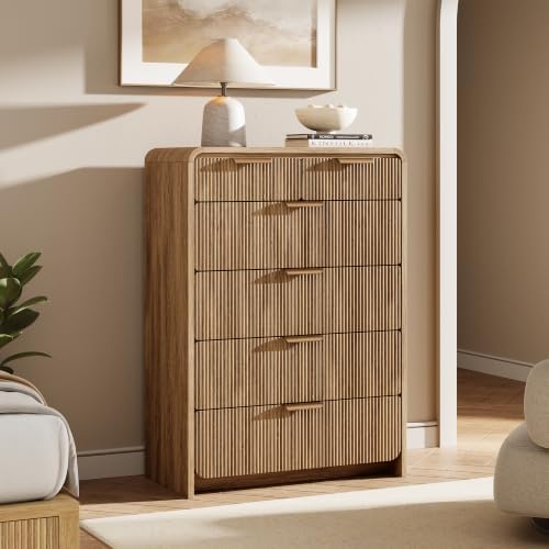 44" Tall 6 Drawers Fluted Dresser for Bedroom, Living Room, Light Walnut - Image 6