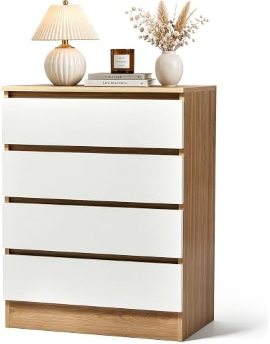 Karl home White Wood Effect 4 Drawer Modern Dresser, Bedroom Storage Chest by Karlhome