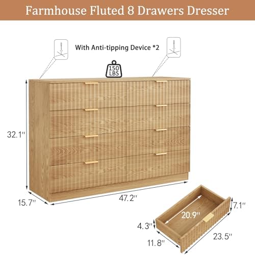 47.2" Wide Fluted 8 Drawer Dresser for Bedroom, Natural - Image 2