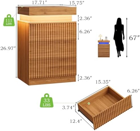 Fluted LED Night Stand with Charging Station, Walnut - Image 2