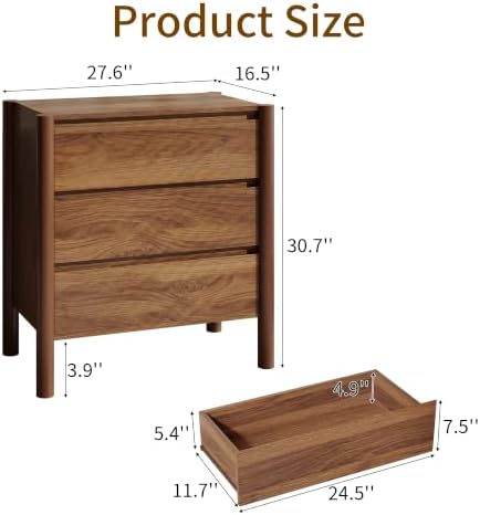 CHUWELL 27.6" Wide Walnut 3 Drawer Dresser for Bedroom with Solid Wood Legs - Image 2