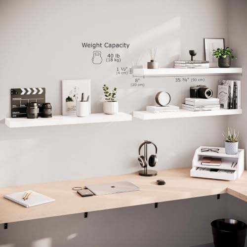 Ballucci Floating Shelves, 36" Long Wall Shelf, Set of 3, Wood Floating Shelves for Wall, Decorative Wall Shelves for Home Office, Living Room, Room Décor, 8" Deep, Set of 3, White - Image 2