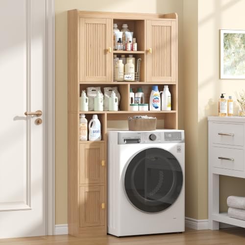 Keehusux Fluted Over The Toilet Storage Cabinet with 4 Doors, Natural Oak - Image 3