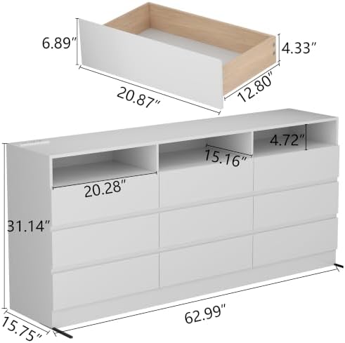 STIKELY Drawer Dresser for Bedroom with Power Outlet, Black Dressers with LED Light, Dresser Chest of Drawers for Closet,Wood Dressers Organizer Cabinet (White 9 Drawers) - Image 2