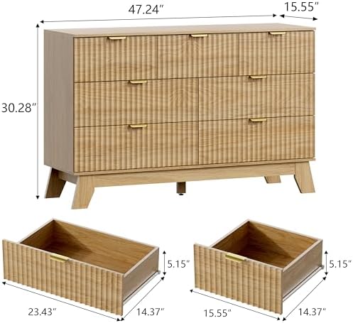 Wodeer 7 Drawer Fluted Dresser for Bedroom, Mid Century Modern Wooden Dresser with 7 Drawers, Dressers & Chests of Drawers with Metal Handle, TV Stand & Storage Organizer for Entryway, Hallway, Oak - Image 2