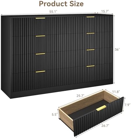 Black 8 Drawer Dresser for Bedroom, 55" Wide Fluted Chest of Drawers with Gold Metal Handles, Modern Wooden Dresser, Closet Storage Organizer Mid Century TV Stand for Living Room Hallway - Image 2