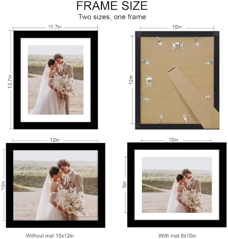 Hongkee 10x12 Picture Frame Set of 4, Made of Real Glass and Black Frame - Display Picture 8x10 with Mat or 10x12 Without Mat, 10 by 12 Photo for Wall Mounting - Image 2