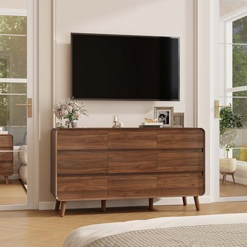 Nasonet 9 Drawer Dresser for Bedroom, 55'' Wide Mid Century Modern Wood Chest of Drawers, Large Storage Drawer Dresser TV Stand, Walnut - Image 6