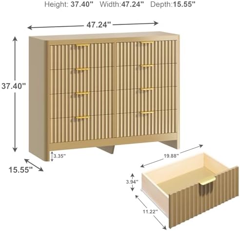 Fluted 8 Drawer Dresser for Bedroom, 47" Wide Modern Chest of Drawers with Metal Handle & Storage, Wooden Dresser TV Stand, Closet Clothes Storage Organizer for Living Room, Natural Oak Dresser - Image 2