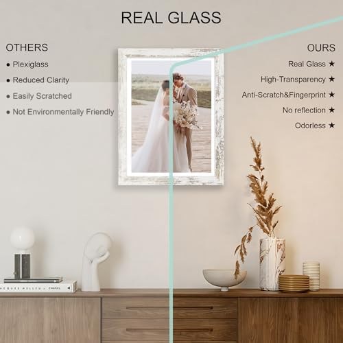 Hongkee 11x15 Picture Frame Set of 4, Made of Real Glass and Distressed White Frame - Display Picture 10x14 with Mat or 11x15 Without Mat, 11 by 15 Photo for Wall Mounting - Image 4