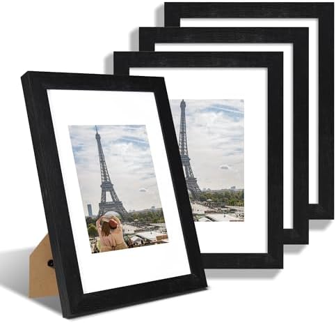 Hongkee 9x12 Picture Frame Set of 4, Made of Glass and Rustic Black Wooden Frame - Display Picture 6x8 with Mat or 9 x 12 Without Mat, 9 by 12 Photo for Wall or Tabletop by Hongkee