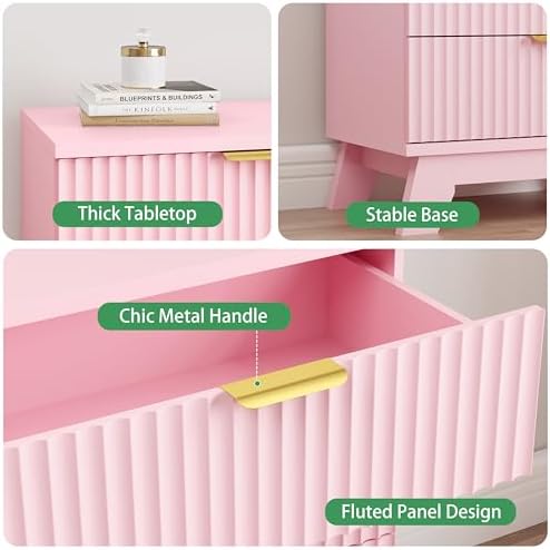 Xixini Fluted Dresser for Bedroom with 3 Drawers, 24" Wide Modern Chest of Drawers with Metal Handle, Wooden Dresser TV Stand, Wood Closet Clothes Storage Organizer for Living Room, Hallway, Pink - Image 4