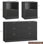 6 Drawer Dresser & 1-Drawer Nightstand Set 3-Piece, Black丨55 Wide Bedroom Set Night Stand Set of 2 with Metal Handle, Fluted Wood Chest of Drawers Storage Dressers Set for Bedroom - Image 2