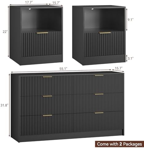 6 Drawer Dresser & 1-Drawer Nightstand Set 3-Piece, Black丨55 Wide Bedroom Set Night Stand Set of 2 with Metal Handle, Fluted Wood Chest of Drawers Storage Dressers Set for Bedroom - Image 2