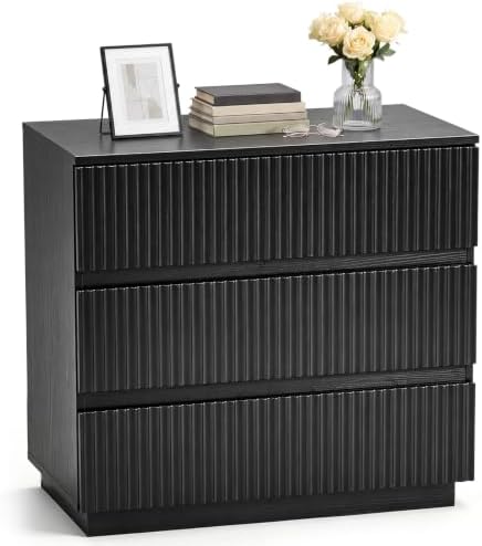 Karl home Black 3 Drawer Fluted Nightstand, Modern Storage Chest of Drawers by Karlhome