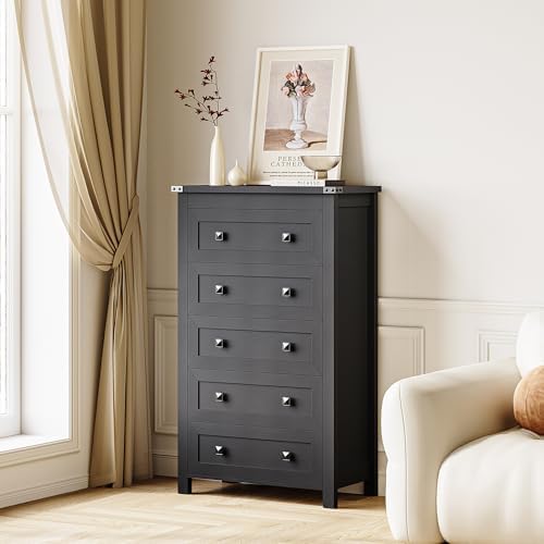 Wodeer Black Dresser Tall 5 Drawer Dresser for Bedroom, Wooden Dressers & Chests of Drawers with Metal Handles, Modern Storage Cabinet and Organizer Drawers for Bedroom, Hallway, Entryway by WODEER