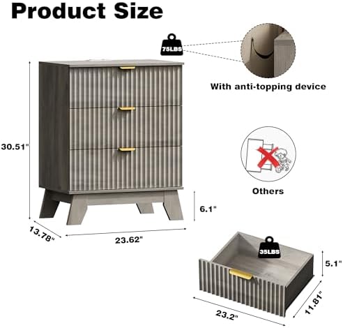 Xixini Fluted Nightstand with Charging Station, Tall Bedside Table, Grey - Image 2