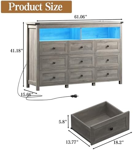 Wodeer 9 Drawer Dresser for Bedroom with LED Lights, Charging Station, Wood Chest of Drawers with Metal Handles, Modern TV Stand & Storage Organizer for Bedroom, Hallway, Grey - Image 2