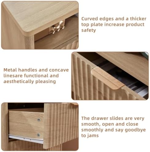 LEYAOYAO Fluted Nightstand Set of 2 with Charging Station,23" Modern Nightstand with Wood Grain Top, 2 Drawer End Table w/Storage, BedsideTable for Bedroom, Living Room, Natural - Image 6