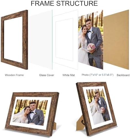 Hongkee 7x10 Picture Frame Set of 4, Made of Real Glass and Rustic Brown Frame - Display 5.5 x 8.5 Diploma Frame with Mat or 7x10 Without Mat, 7 by 10 Photo for Wall or Tabletop - Image 3